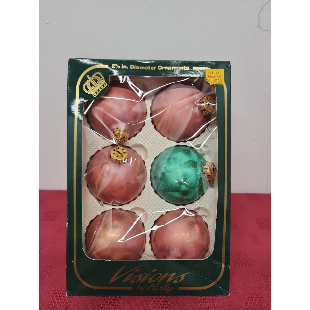VTG Visions By Holly 6 Pack Frosted BlownGlass Ornaments 2 5/8 Inch 1980s In Box